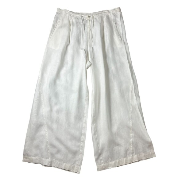 Debra DeRoo Wht Pleated Super Wide Leg Linen Pant Size L Beachy Breezy Flowy - Picture 1 of 13